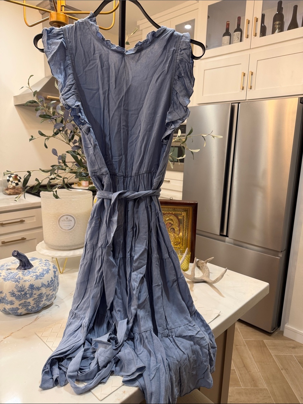 SHEIN Blue Ruffle Sleeve Tiered Maxi Dress with Waist Tie